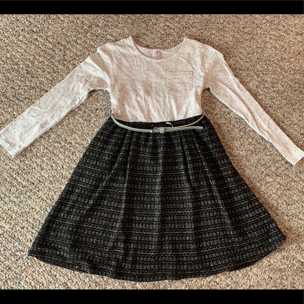 Girls cream, black & silver dress w/ belt